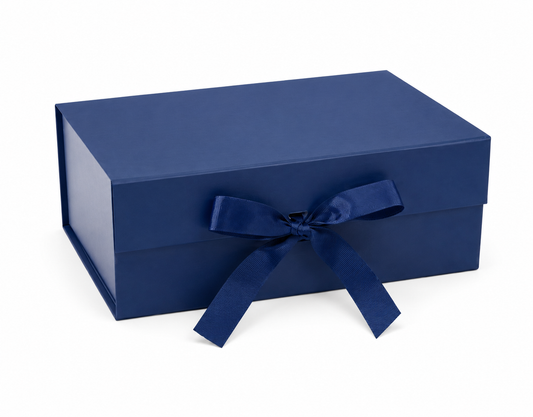 Customised gift box with magnetic lid, and ribbon. Size: 33*25*12.5 cm,Thickness: 2 mm.