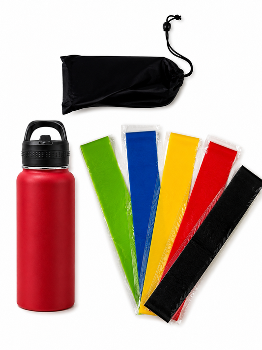 Gym kit that includes a personalized 32oz bottle and 5 resistance bands.