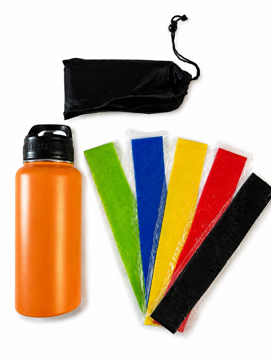 Gym kit that includes a personalized 32oz bottle and 5 resistance bands.