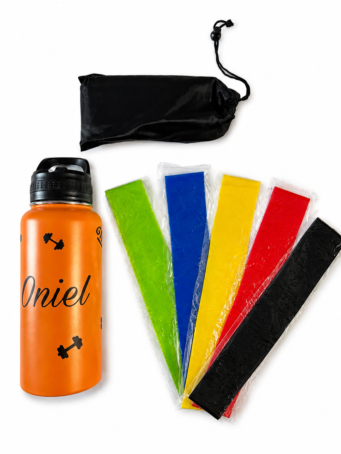 Gym kit that includes a personalized 32oz bottle and 5 resistance bands.