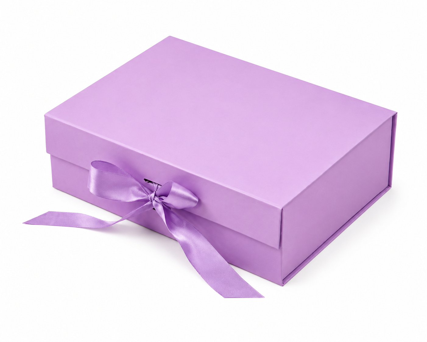 Customised gift box with magnetic lid, and ribbon. Size: 33*25*12.5 cm,Thickness: 2 mm.