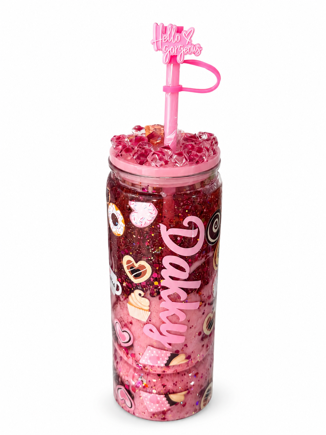 Customized snowglobe cup 16oz, with lid and straw. Write at the beginning of the order name, theme and desired effect color or colors