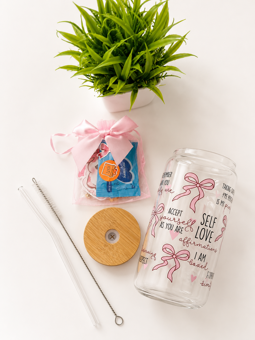 Personalized Glass Tumbler, 16 Oz Glass Cups Set with Lid and Straw/ free gift