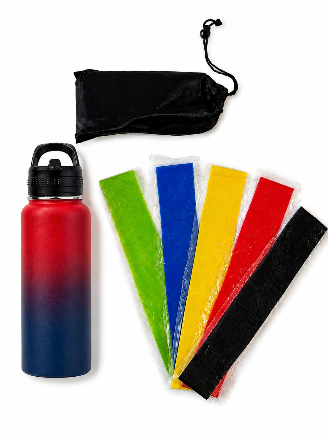 Gym kit that includes a personalized 32oz bottle and 5 resistance bands.
