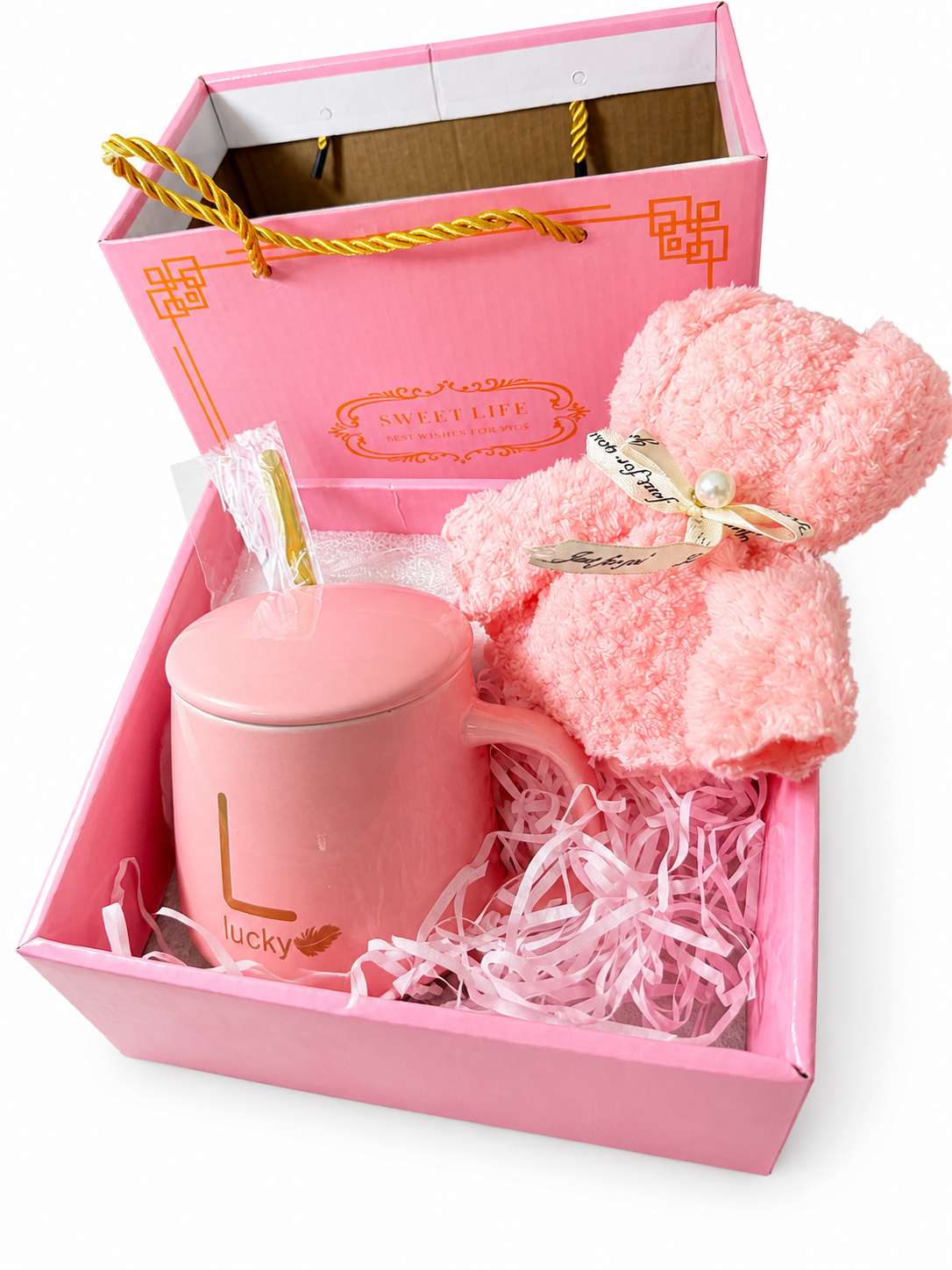 Gift set, includes cups with lid, teaspoon and towel for bear-shaped hands