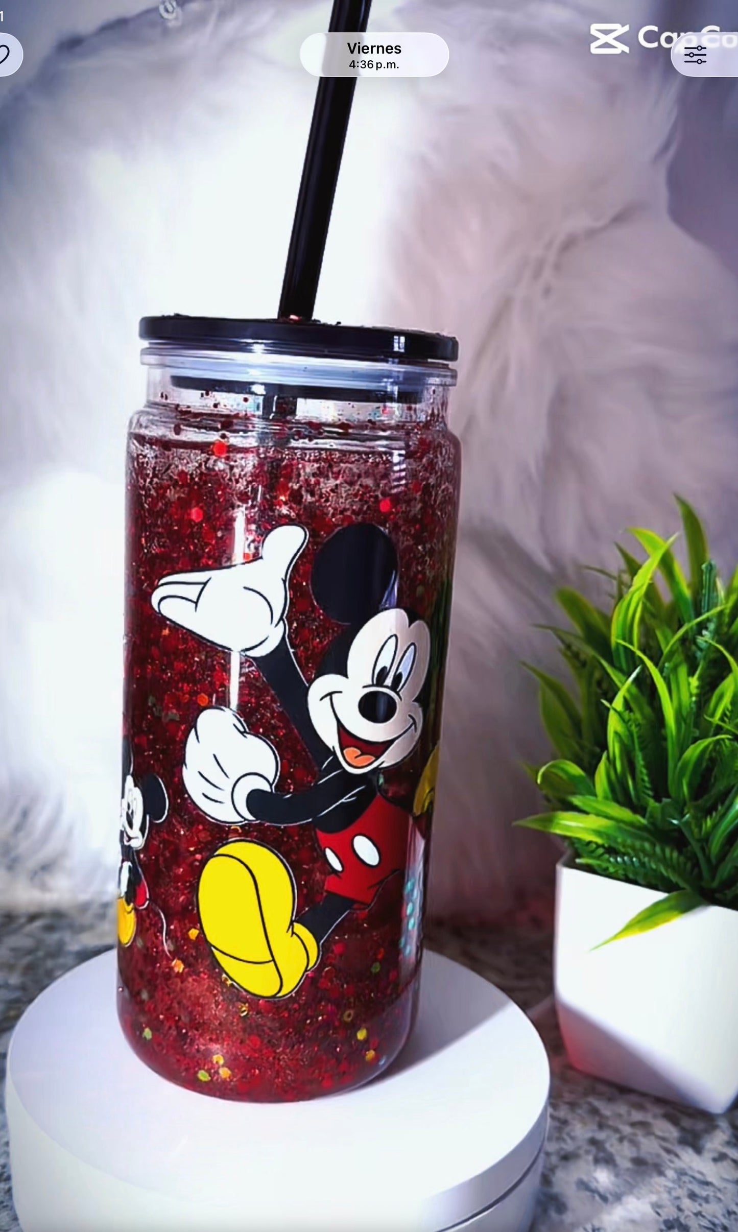Customized snowglobe cup 16oz, with lid and straw. Write at the beginning of the order name, theme and desired effect color or colors